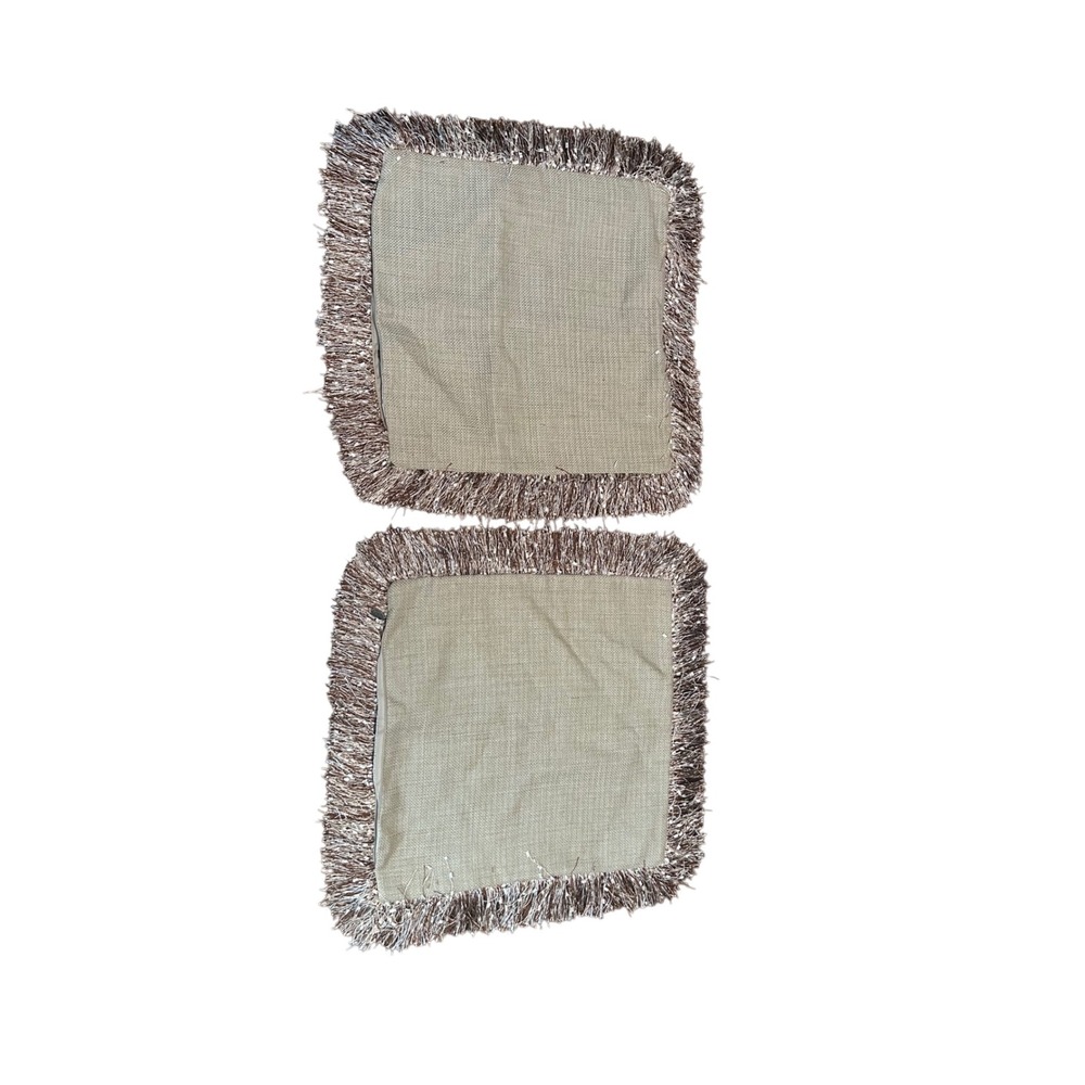 Pier 1 Imports Beige Burlap Throw Pillow Covers Set of 2 Fringe trim 18x18